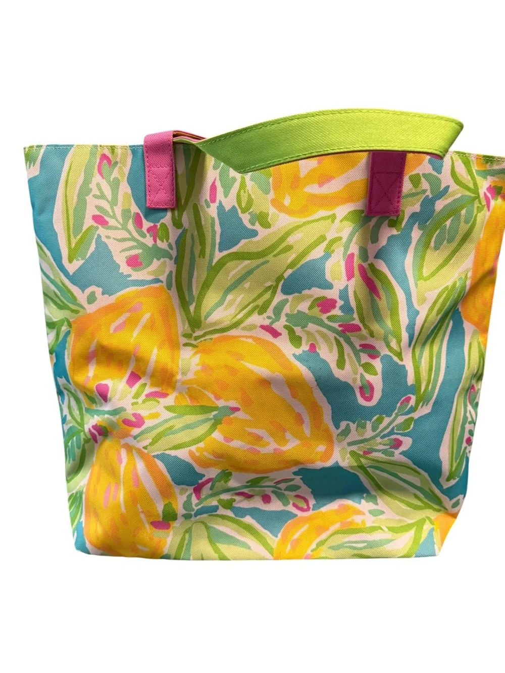 Lilly Pulitzer Yellow Lemon Print Tote with Pink & Green Handles Pool Beach NWOT